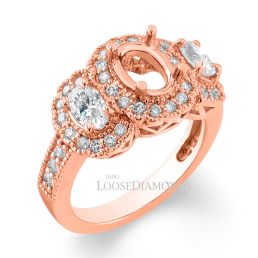 14k Rose Gold Vintage Style Engraved 3 Stone Oval Shape Diamond Halo Engagement Ring