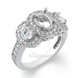 18k White Gold Vintage Style Engraved 3 Stone Oval Shape Diamond Halo Engagement Ring