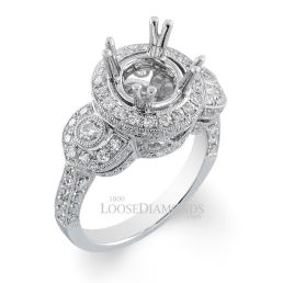 14k White Gold Vintage Style Engraved 3-Stone Diamond Halo Engagement Ring
