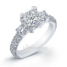 14k White Gold Vintage Style Engraved 3-Stone Diamond Engagement Ring
