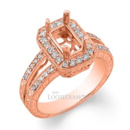 14k Rose Gold Vintage Style Split Shank Engraved Diamond Halo Engagement Ring