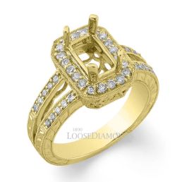 14k Yellow Gold Vintage Style Split Shank Engraved Diamond Halo Engagement Ring
