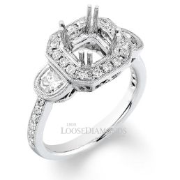 14k White Gold Vintage Cathedral Style 3-Stone Engraved Diamond Halo Engagement Ring