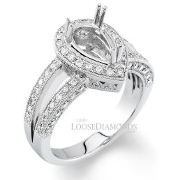 Platinum Modern Style Engraved Split Shank Diamond Halo Engagement Ring