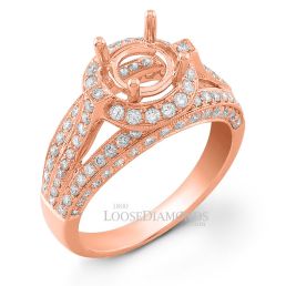 14k Rose Gold Modern Style Split Shank Engraved Diamond Halo Engagement Ring