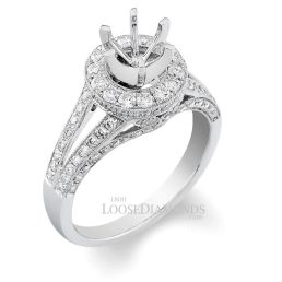 Platinum Modern Style Split Shank Engraved Diamond Halo Engagement Ring