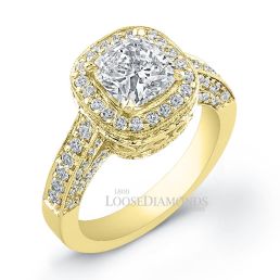 14k Yellow Gold Vintage Style Diamond Halo Engagement Ring