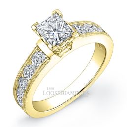 18k Yellow Gold Vintage Style Engraved Diamond Engagement Ring