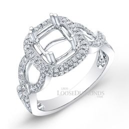 18k White Gold Modern Style Engraved Twisted Shank Diamond Halo Engagement Ring