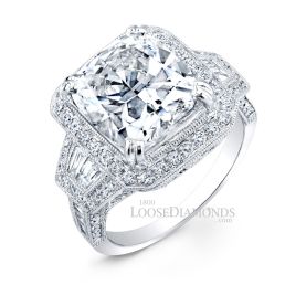 18k White Gold Vintage Style Hand Engraved Diamond Halo Engagement Ring