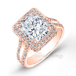 14k Rose Gold Modern Style Split Shank Diamond Halo Engagement Ring