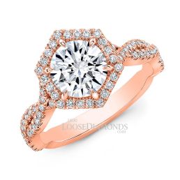 18k Rose Gold Art Deco Style Twisted Shank Hexagon Halo Diamond Engagement Ring