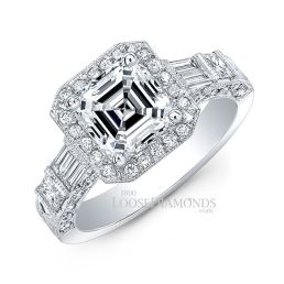 14k White Gold Vintage Style Hand Engraved Diamond Halo Engagement Ring