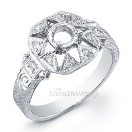 14k White Gold Art Deco Style Engraved Diamond Engagement Ring