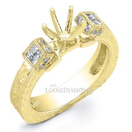 18k Yellow Gold Modern Style Engraved Diamond Engagement Ring