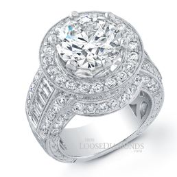 14k White Gold Art Deco Style Engraved Diamond Halo Engagement Ring