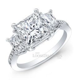 18k White Gold Modern Style Engraved 3-Stone Trapezoid Diamond Engagement Ring