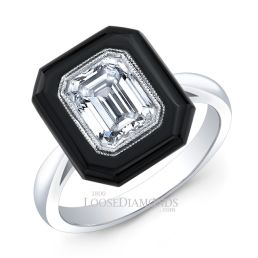 14k White Gold Art Deco Style Engraved Onyx Halo Engagement Ring
