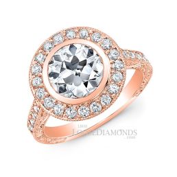 18k Rose Gold Vintage Style Hand Engraved Diamond Halo Engagement Ring
