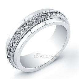 14k White Gold Men's Modern Style Engraved Diamond Wedding Ring