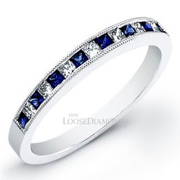 14k White Gold Modern Style Diamond & Sapphire Engraved Wedding Band