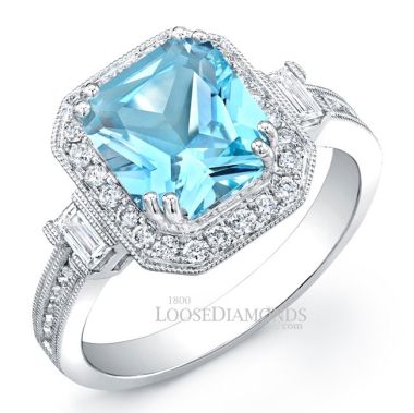 14k White Gold Modern Style Engraved Sky Blue Topaz Diamond Halo Cocktail Ring